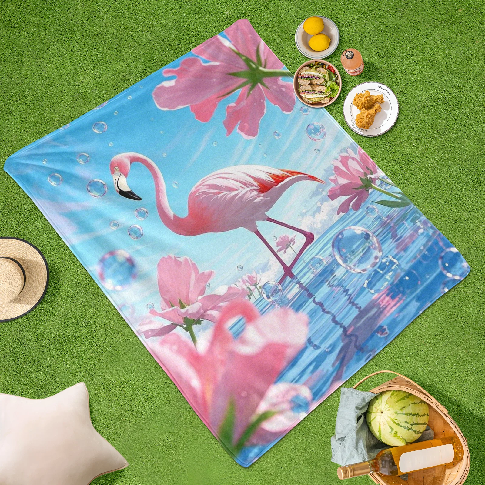 Couverture ludique à motif de fleurs et d'eau, flamant rose, pour une utilisation en extérieur, avec un thème de conception tropicale vibrante et relaxant
