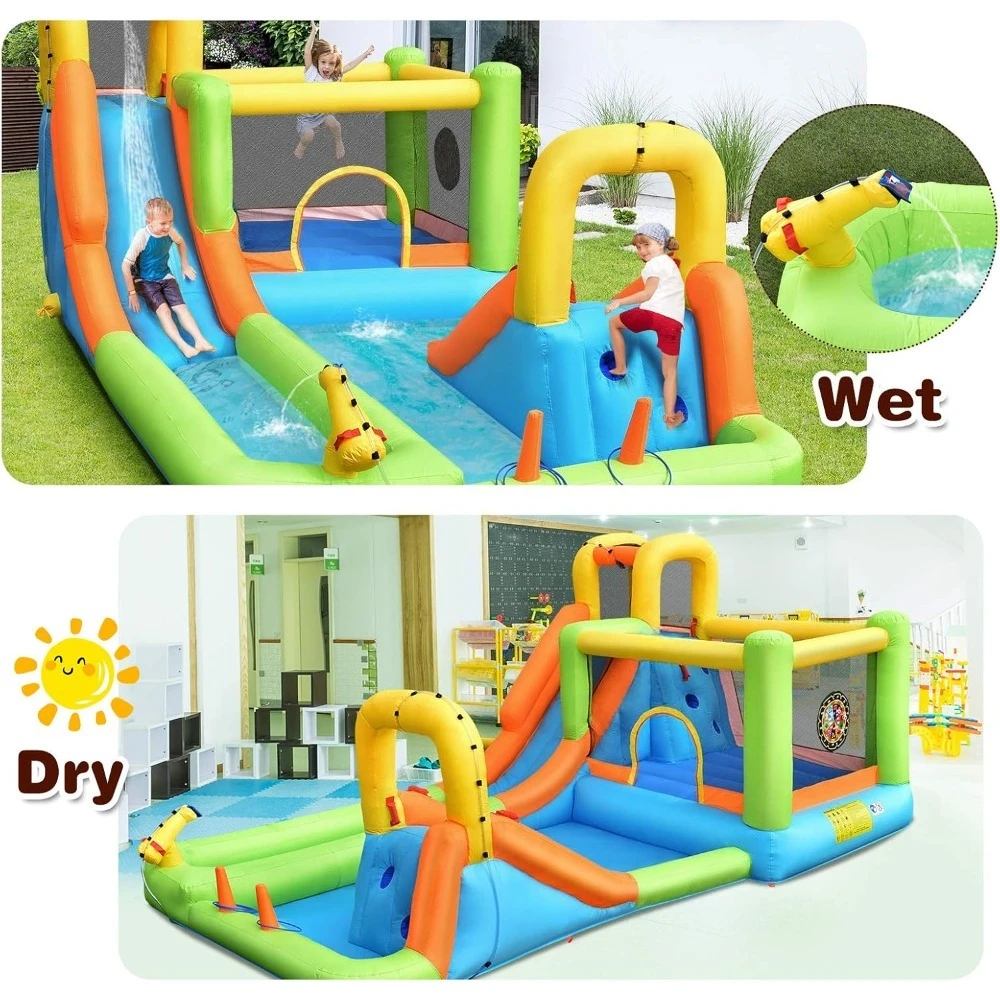 Inflatable Water Slide, 8-in-1 Dual Slides Kids Water Park Jump Castle, Water Slides Inflatables for Outdoor with Splash