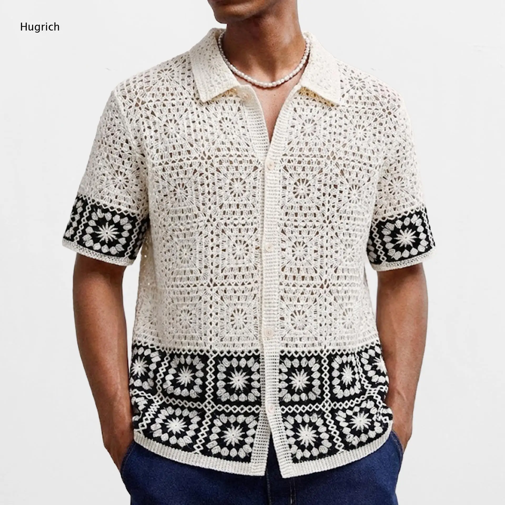Herren Vintage Patchwork Kontrast-Häkel-Oberteil mit Knöpfen - Küsten-Urlaubsoutfit