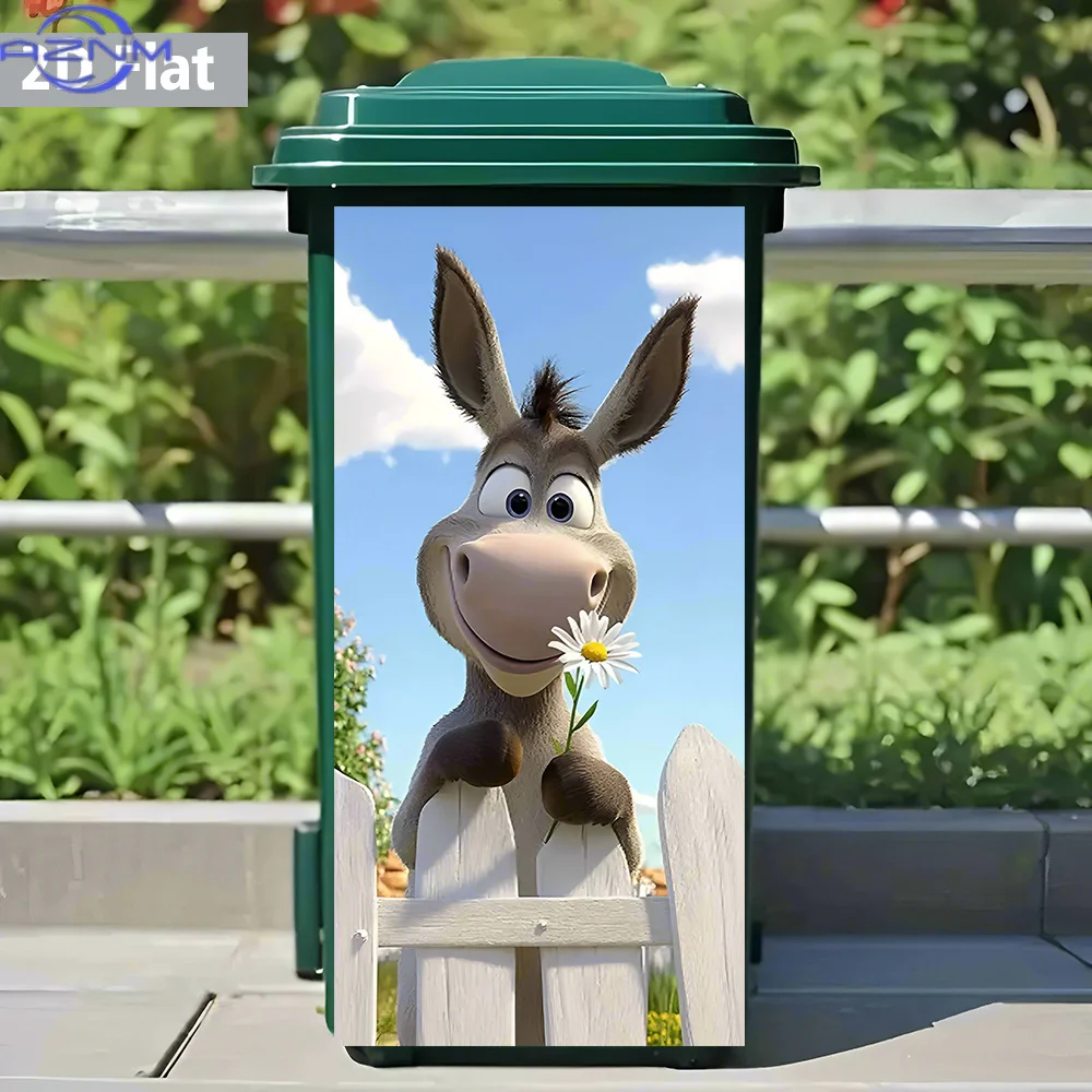 2D Flat Donkey with Daisy PVC Trash Can Sticker, Waterproof & Removable, Perfect for Cute - Themed Wall Decor, Home Decor, DIY