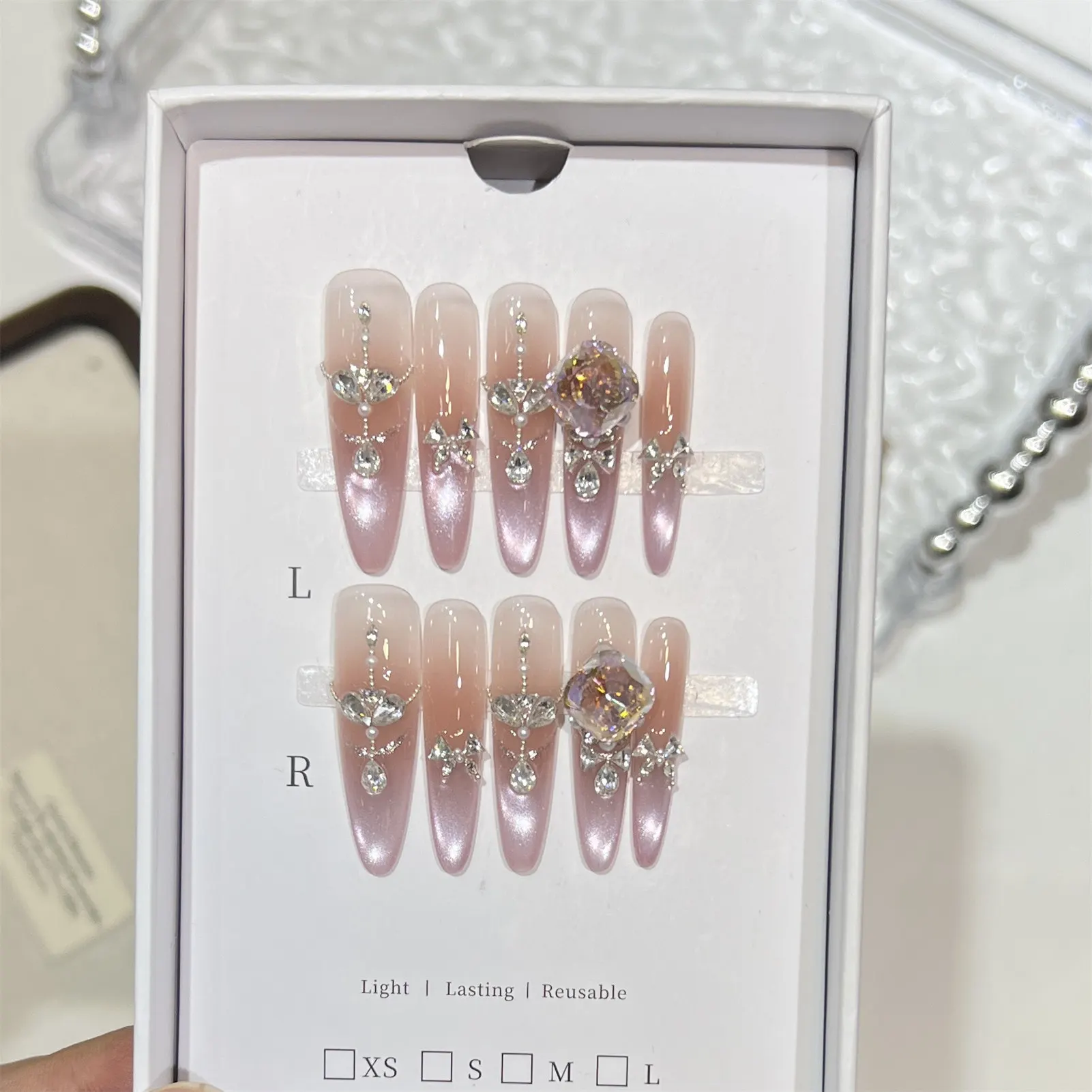 

10 шт., искусственные ногти во французском стиле с кошачьим глазом, фиолетовые хрустальные стразы, искусственные ногти ручной работы для женщин, вечерние, свадебные