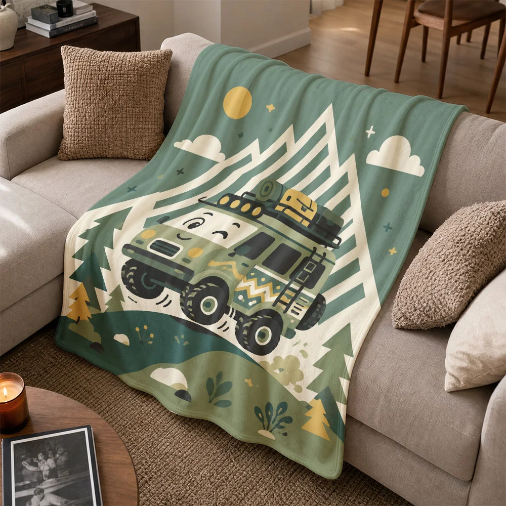 Camouflage Jeep Woodland Throw Blanket Sofa Couch Decor Military Style Forest Nature Art Plush Blanket for Living Room