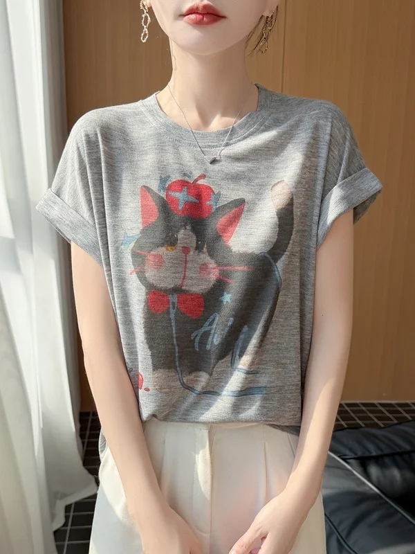 

Cute Casual Cartoon Print ort Sve Women's T-irt Loose Breathable Slimming Top ey Versatile Comfortable Tee