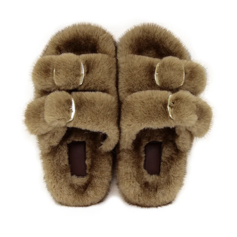 الشتاء رقيق النعال امرأة نعال تدفئة أفخم الفراء الصنادل الفراء المنزلق الأزواج موجزة المنزل أحذية قطنية في الهواء الطلق رقيق الشرائح