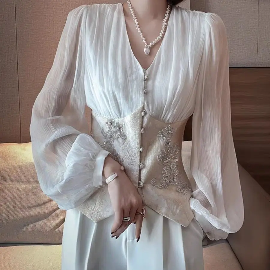 

Autumn Women's New Chinese Style Stand Up Collar Embroidered Chiffon Shirt with Puff Sleeves Elegant Top