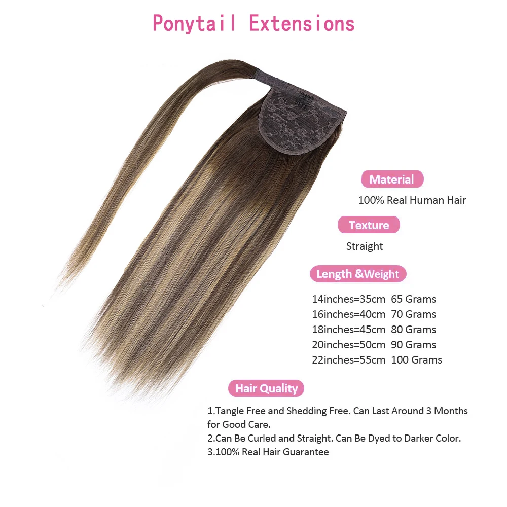 Ponytail In Hair Extensions 100% Real Hair Highlight Black PonyTail In Human Hair Extensions For Women Magic Wrap Around 22 Inch