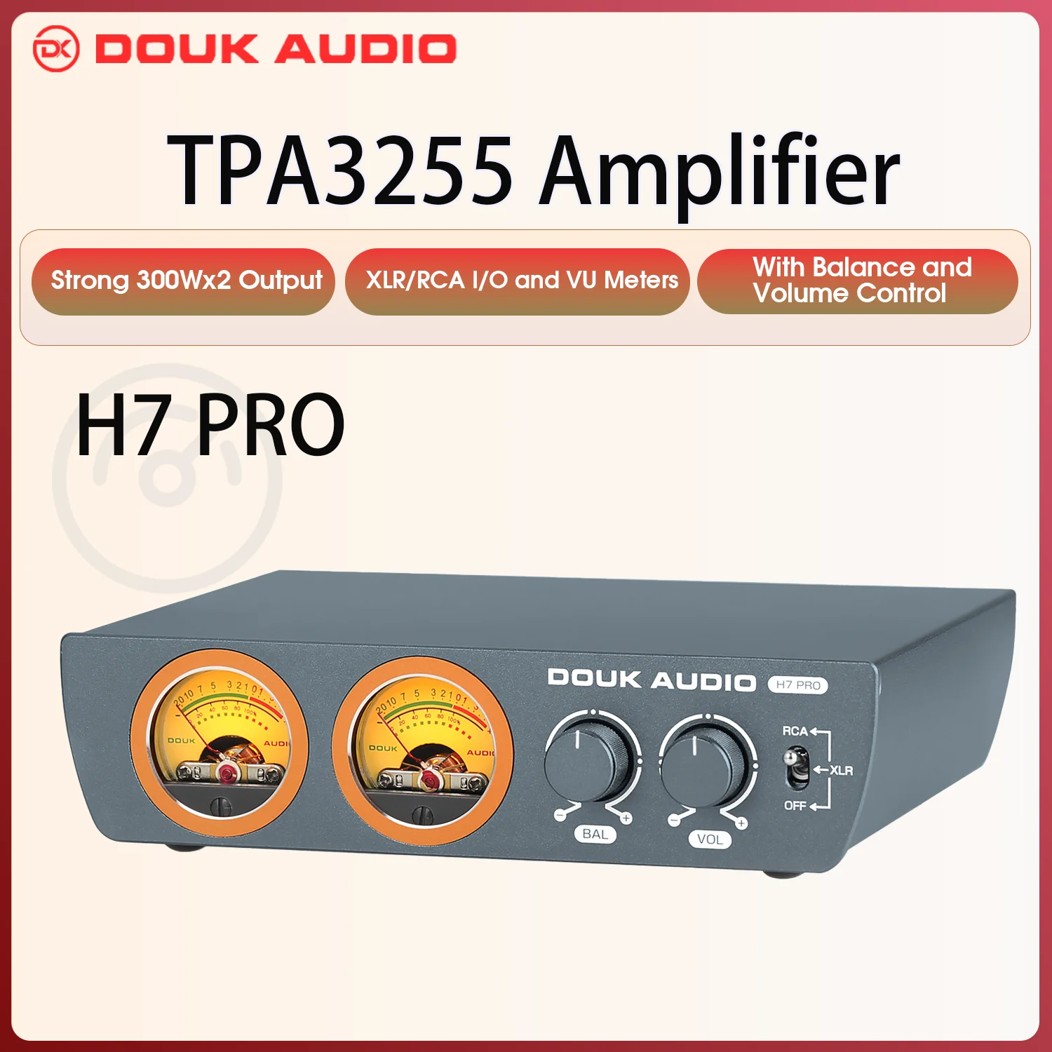 مضخم صوت Douk Audio H7PRO HiFi Class D TPA3255 متوازن XLR مضخم طاقة منزلي ستيريو رقمي مع مقياس VU 300 وات × 2