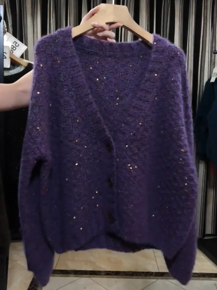 

Корейский вязаный свитер с v-образным вырезом, осень 2023, новинка больших размеров, утягивающий универсальный топ Fine iny, открытый кардиган Ele Aosphere