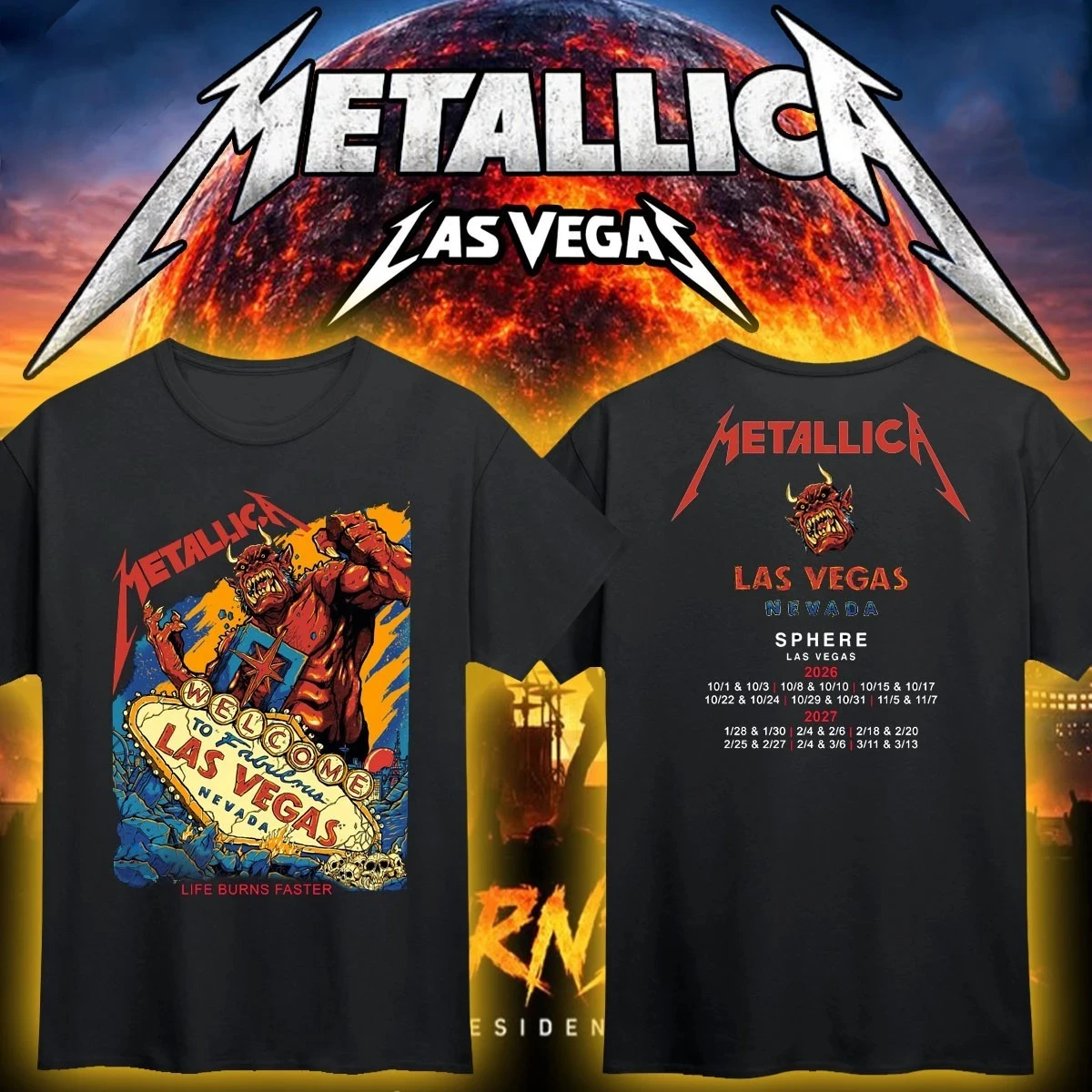 Metallica Life Burns Faster 2026 Las Vegas Tour T-Shirt Demon Monster Graphic Double Sided Print Unisex Heavy Metal Rock Band