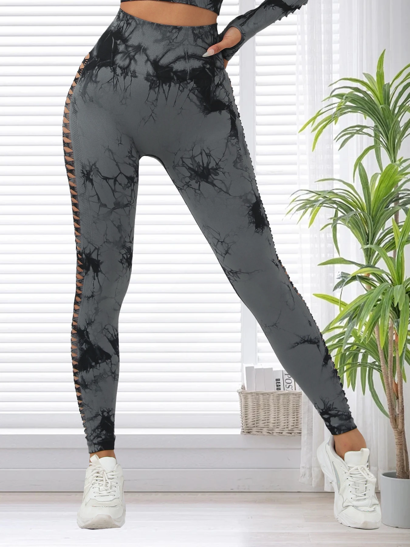 Mulheres sem costura tie dye oco para fora calça esportiva yoga ginásio cintura alta treino leggings elástico feminino activewear