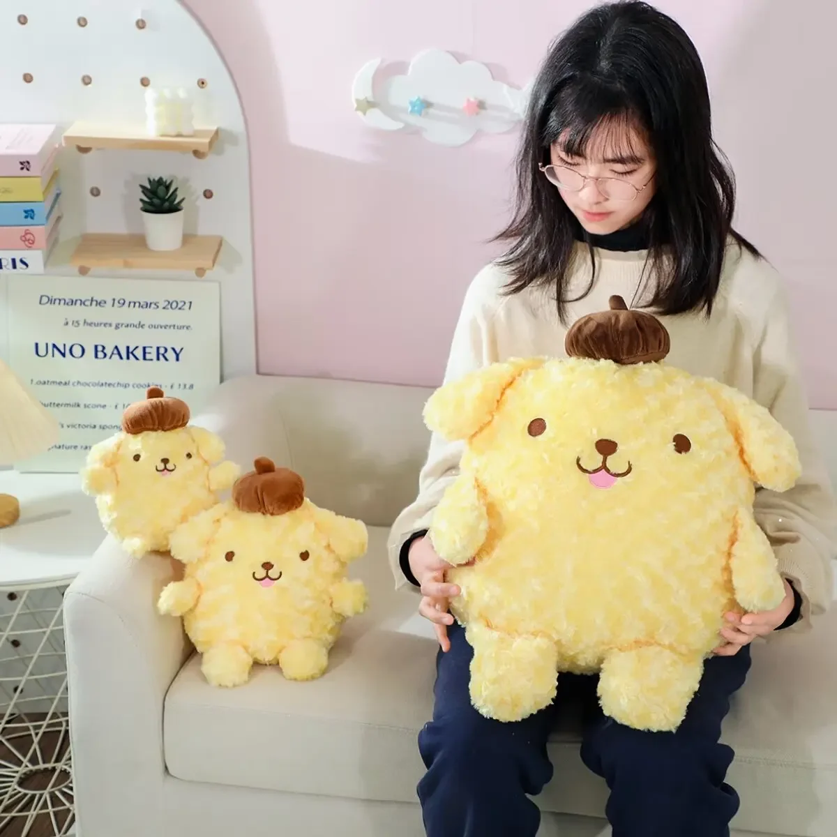 Adorável sanrio pom pom puirn brinquedos de pelúcia kawaii sanrio pompompurin bonecas de pelúcia decoração do quarto almofada cabeceira sofá travesseiro