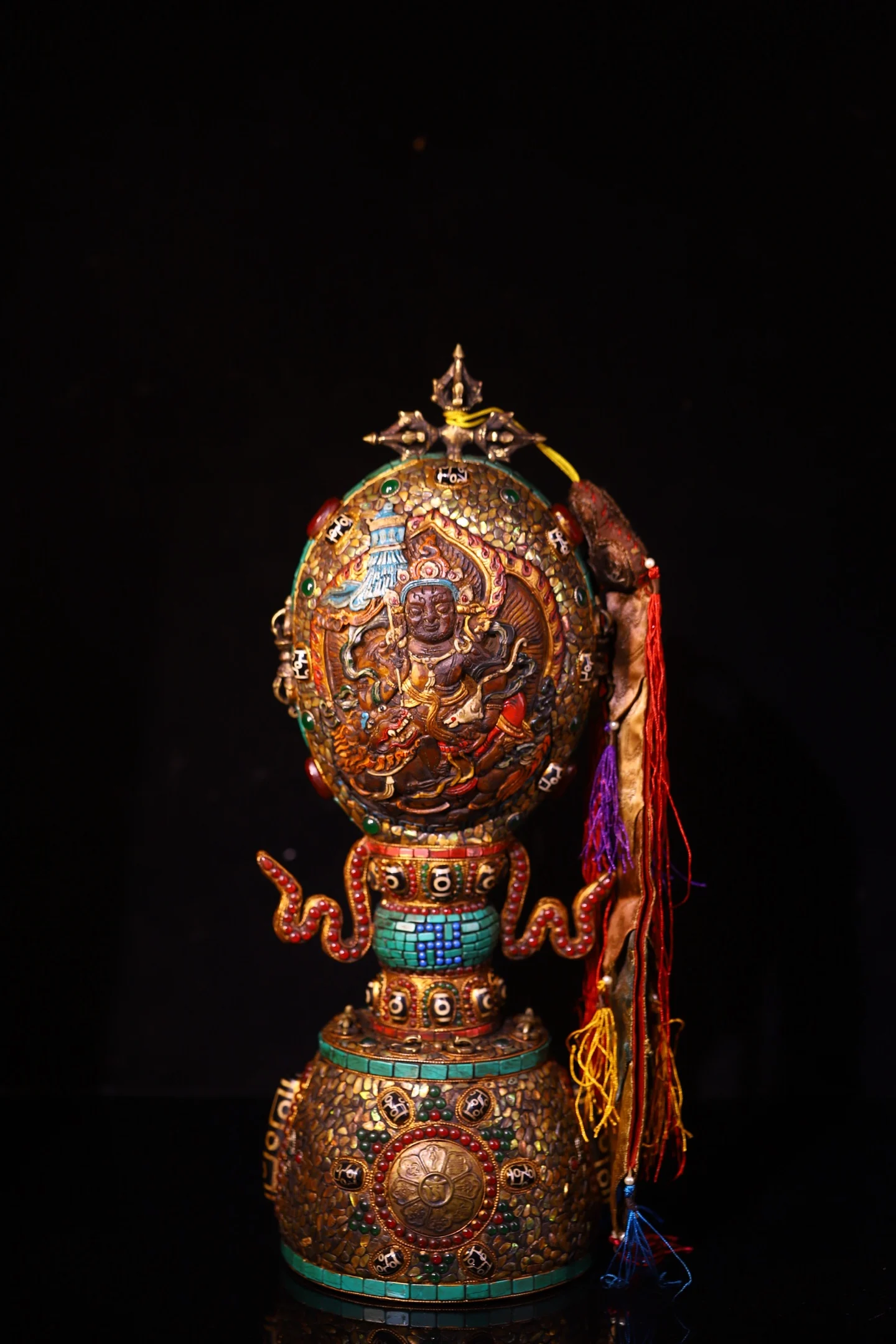 Old Kapala Mosaic Gem gZi Beads Turquoise Lucky Eight Treasures Yamantaka Buddha Gabala Bowl Bodhi Root Base