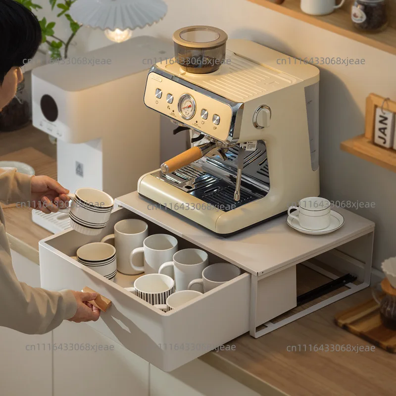 Coffee machine rack, water bar counter, kitchen desktop, drawer, tea bag, mug, dining table, dust cup storage rack