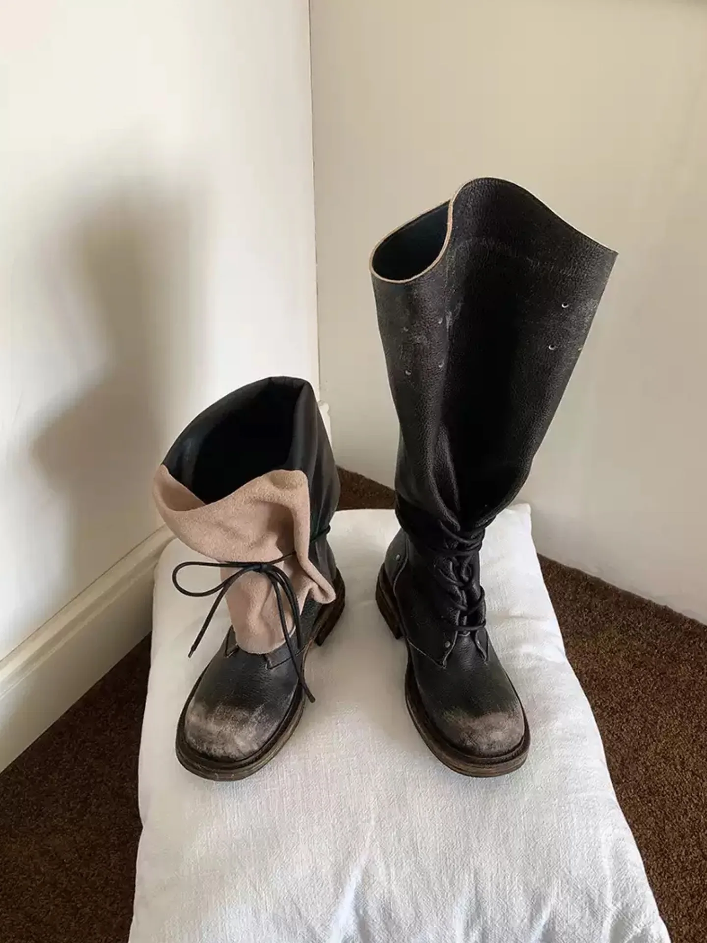 Autumn/Winter New Women's Vintage Distressed Long Boots Lace Up Turn Down Cuff Rivets Chunky Heel Large Tube Mid-Calf Boots