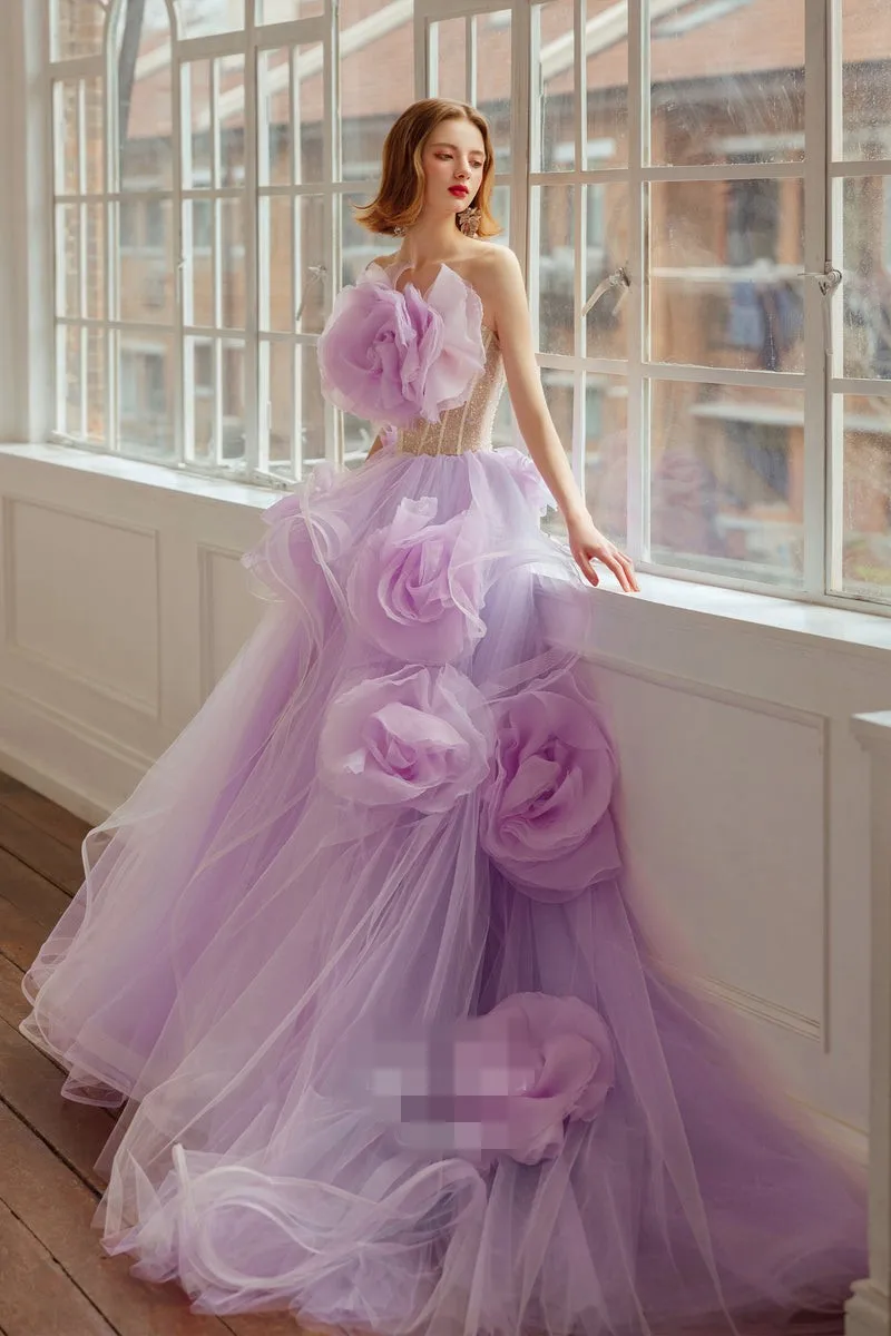 Dreamlike Lavender Floral Long Women Maxi Dresses To Party Bloom Ruched Organza GardenWedding Bridal Dresses Pretty Maxi Gowns