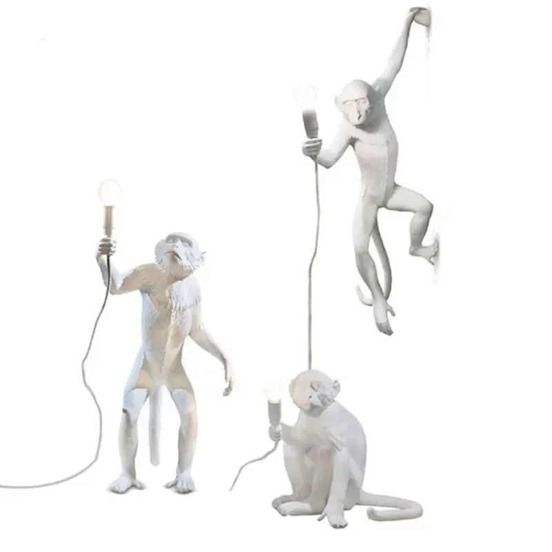 Monkey Lamp Nordic Panda LED Pendant Hanging Lamp Resin Animal Hemp Rope Pendant Light Fixture for Study Kids Light Fixture