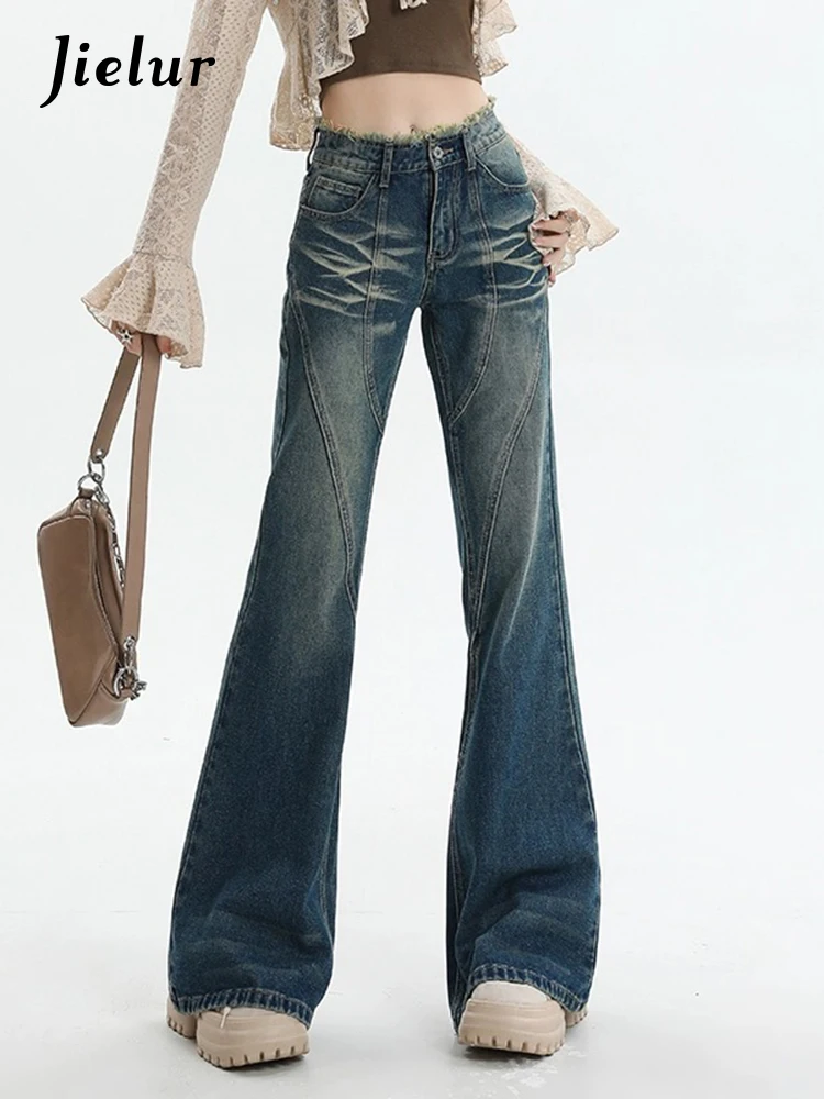 Jielur Vintage Washed High Waist Women's Jeans Fashion Streetwear Sexy Slim Tight Hip Chic Zipper Pockets Female Flare Pants