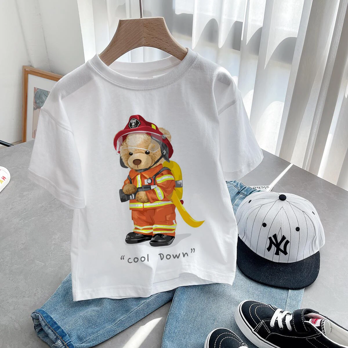 Skateboard Bear Print Boys/Girls White T-shirt black Kid Summer Harajuku Kawaii Funny Clothes Little Baby Y2K Clothes,Drop Ship