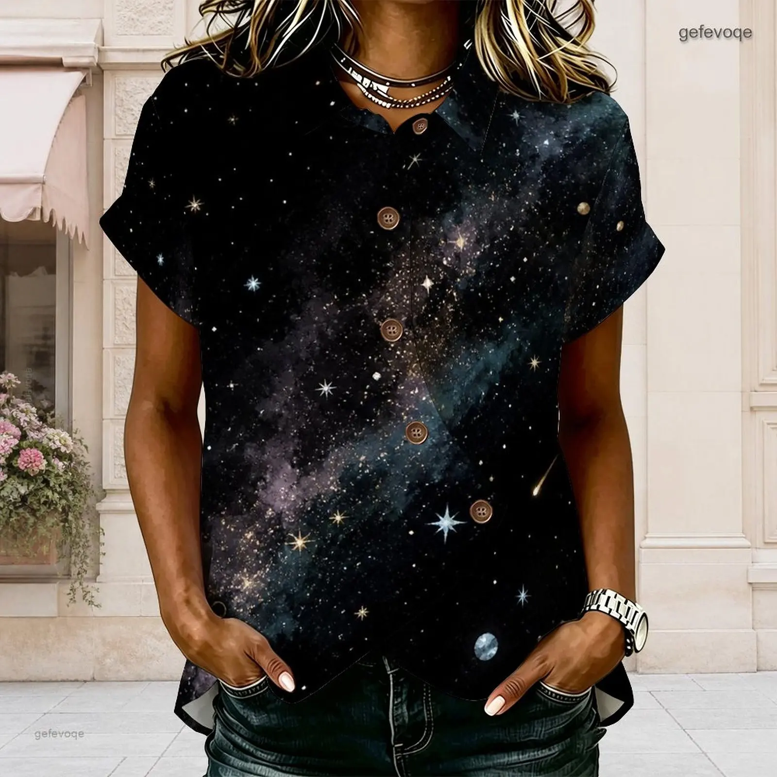 Women Collared Neck Short Sleeve Button Front Cross Hem Printed Shirt