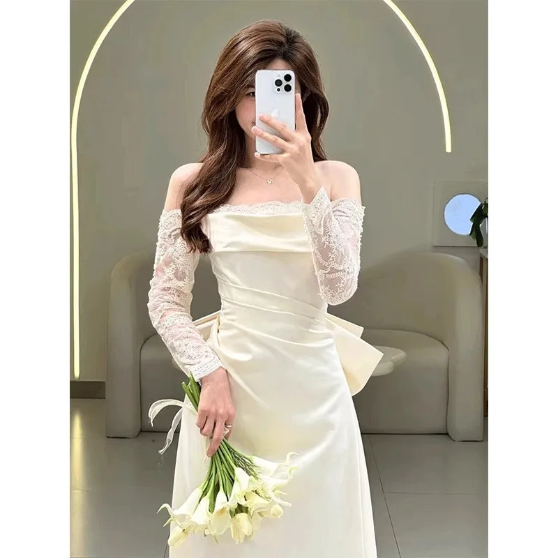 Off-shoulder light wedding dress bride Super fairy wedding veil high-grade French satin white elegant fishtail welcome dress