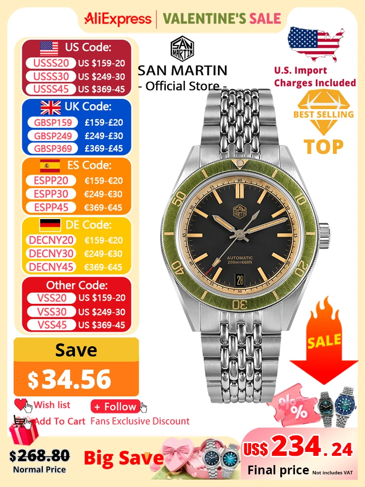 

San Martin 39,5 мм мужские часы для дайвинга винтажные потертые часы NH35 автоматические механические часы водонепроницаемые 200 м C3 Lume SN0116 Reloj