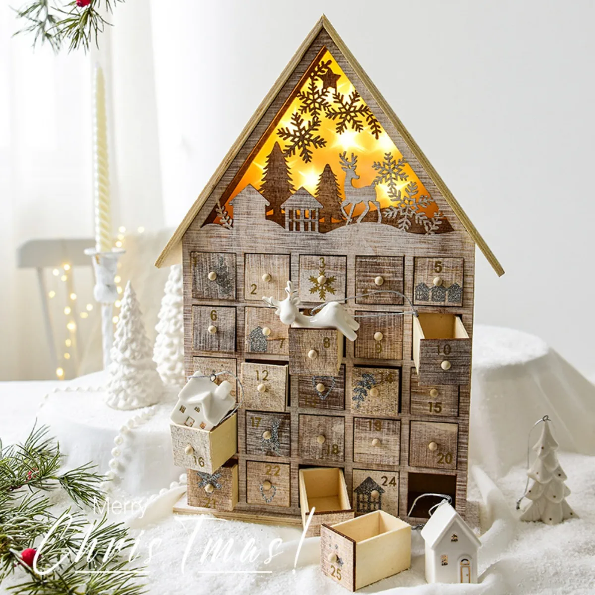 Christmas Tree House Wooden Advent Basel Calendar House Countdown Xmas Party Holiday Decor 25 Storage Drawers with LED Light