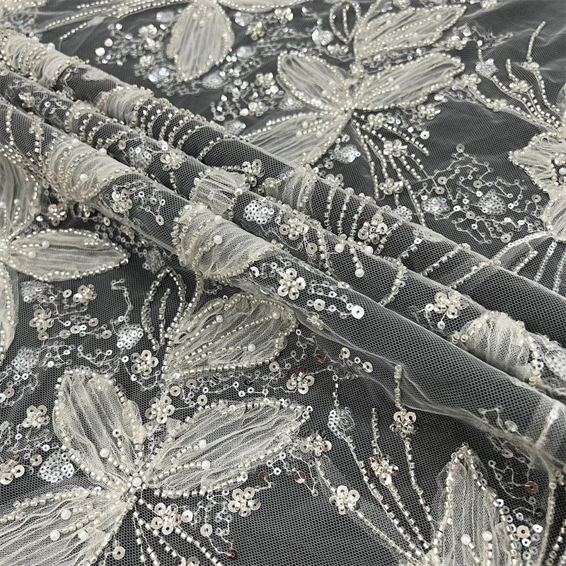 

1 ярд, марлевая ткань с бусинами для свадебного платья, цветочная тарелка, вышивка, сделай сам, украшение, стильная ткань, материал платья для выступлений