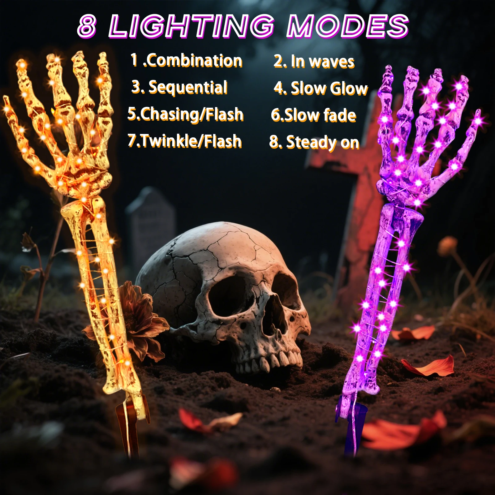 2 Buah/Set 100LED Lampu Kawat Tembaga Surya Tangan Kerangka Lampu Ungu & Oranye dengan 8 Mode untuk Dekorasi Halloween Halaman Taman Rumah