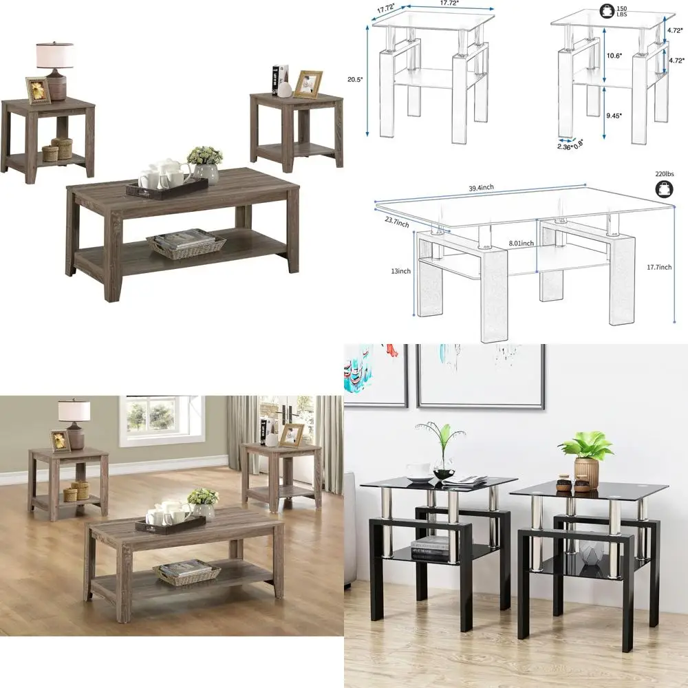 

Monarch Specialties 7914P 3-Piece Coffee Table Set with End and Side Tables, Brown Laminate, Transitional Style for Living Room