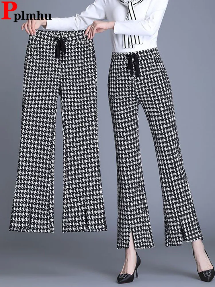 

Korean Design Plaid Slim Flare Pants Women Casual Elastic High Waist Wide Leg Pantalones Spring Fall Elastic High Waist Spodnie