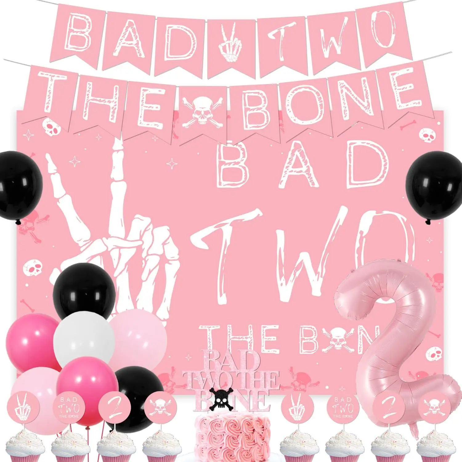 

Bad Two the Bone Themed 2nd Birthday Party Decorations for Boys Pink Backdrop Banner Skeleton Music Rock and Roll Birthday Party