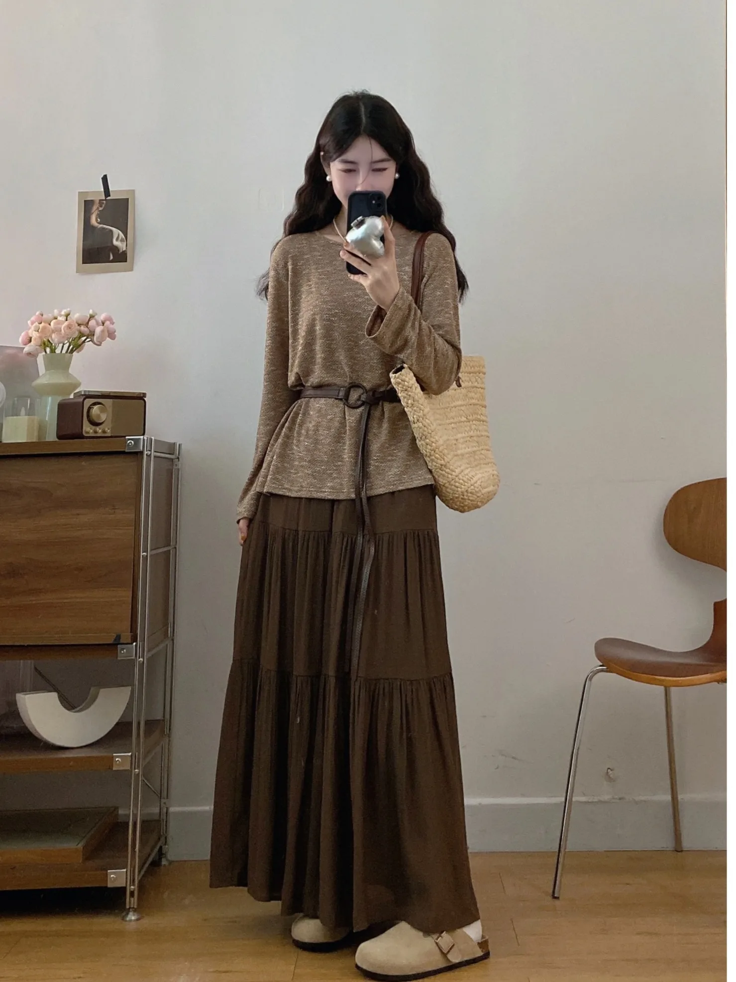 

plus Size Women's Retro Layering Feel Set round Ne Top High Waist Skirt Two Piece Suit Korean Sle Loose Fit Long Sve