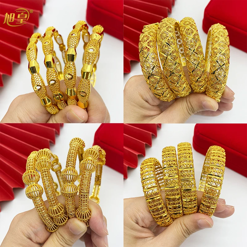 

XUHUANG New Luxury African Copper 24K Gold Plated Bangles For Women Indian Dubai Bracelets Charm Wedding Ethiopian Hand Jewelry