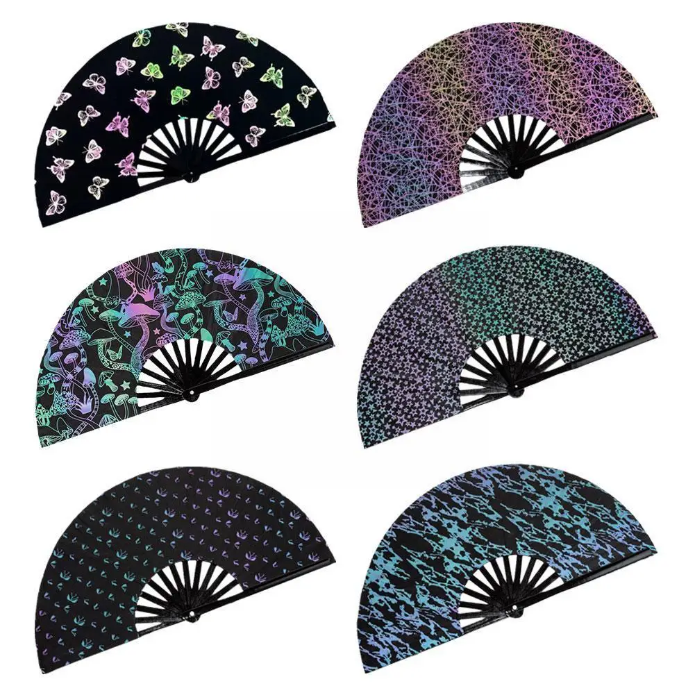 Large Foldable Handheld Fan Creative Reflective Butterfly Printed Fabric Bamboo Fan Folding Handfan For Bar DJ Dance Show Props