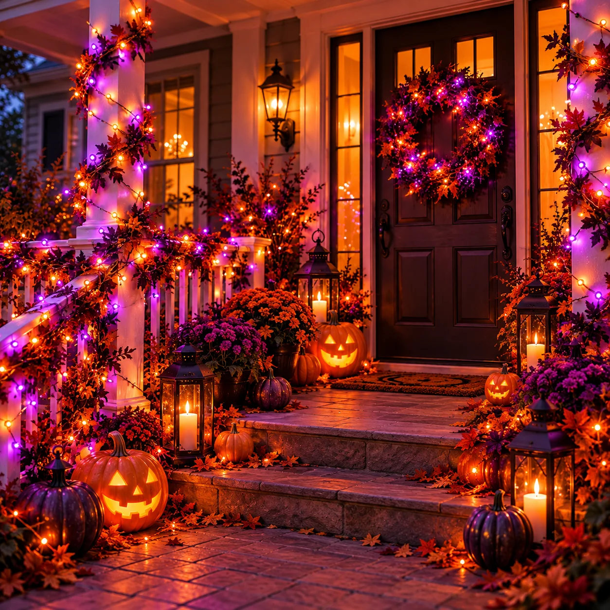 Halloween-Lichterkette mit Solarbetrieb, in den Farben Lila, Orange und Kupfer, 8 Leuchtmodi, schaltet sich automatisch bei Dunkelheit ein, ideal für die Dekoration von Gärten, Veranden und Partys. – Detail 2