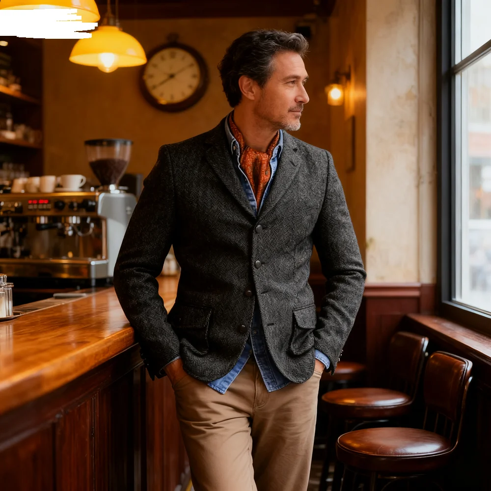 Men's Brown Fishbone Tweed Blazer Suit Single Breasted Two-Button Business Dance Coat Woolen Terno Male
