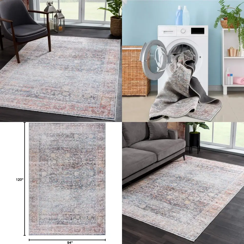 

Традиционный моющийся нескользящий коврик Ocean Blue and Brick, 8x10 для гостиной, спальни, столовой, кухни