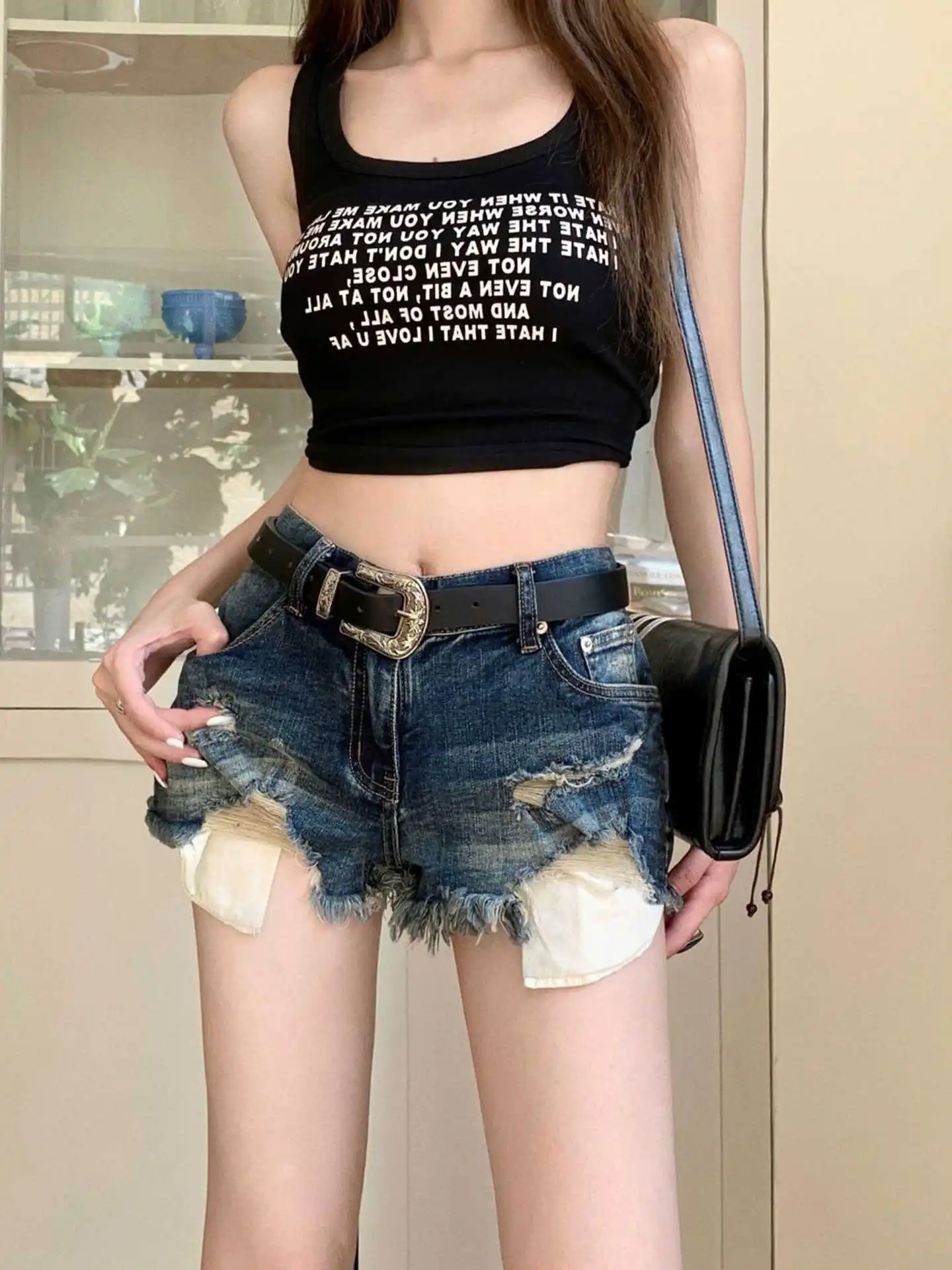 

Summer Women American Retro High Waist Jean Shorts Y2K Harajuku Korean Ripped 2000s Denim Hot Pants Japanese Punk High Street