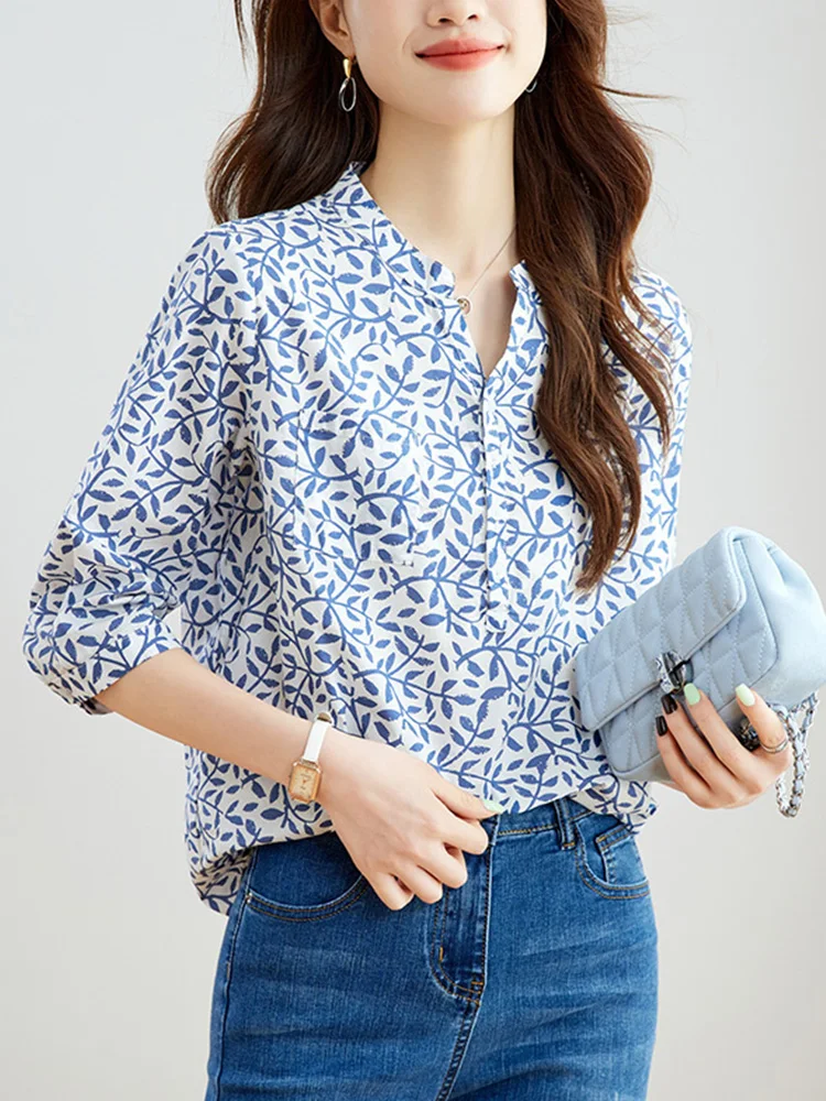 2025 الصيف تخفيف Faionable الأزهار طباعة سبعة Sve irt تنوعا Sli تصميم عادية فضفاض صالح زر حتى irt #3