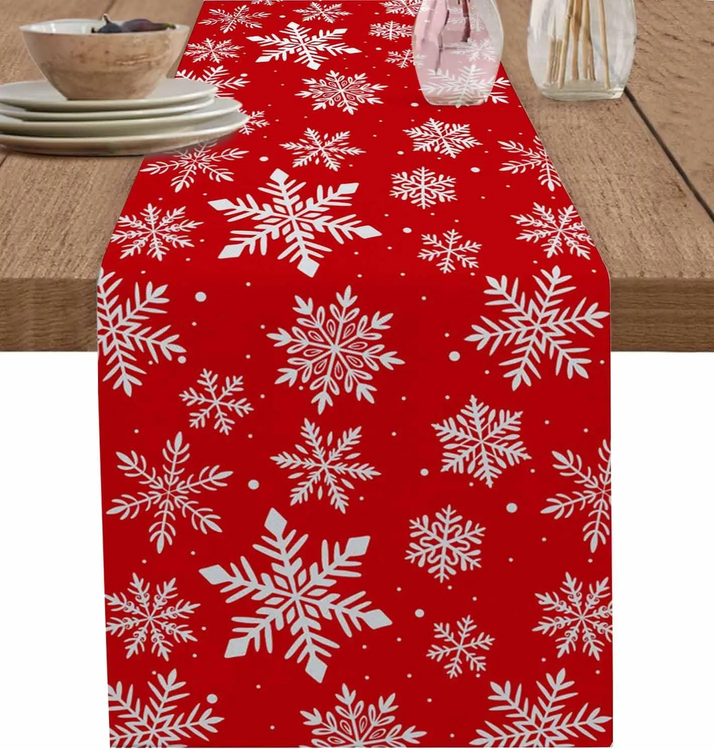 Christmas Snowflakes Red Linen Table Runner Party Decor Reusable Winter Xmas Kitchen Dining Table Runners Christmas Decorations