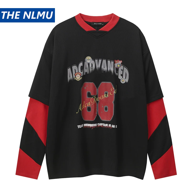

Color Block Patchwork Long Sleeve T Shirt Men's Fake Two Tshirt Streetwear Y2K Harajuku Loose Tops