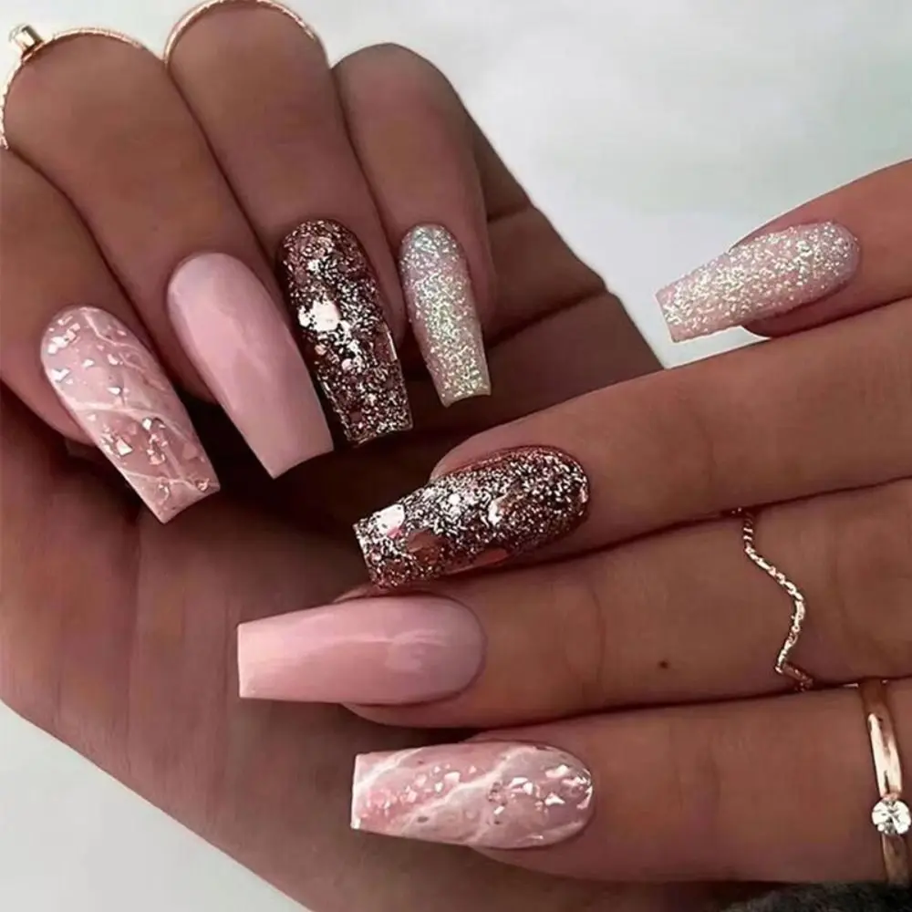 French False Nails New Pink Marble Long Ballerina Fake Nails Detachable Full Cover Nail Tips DIY