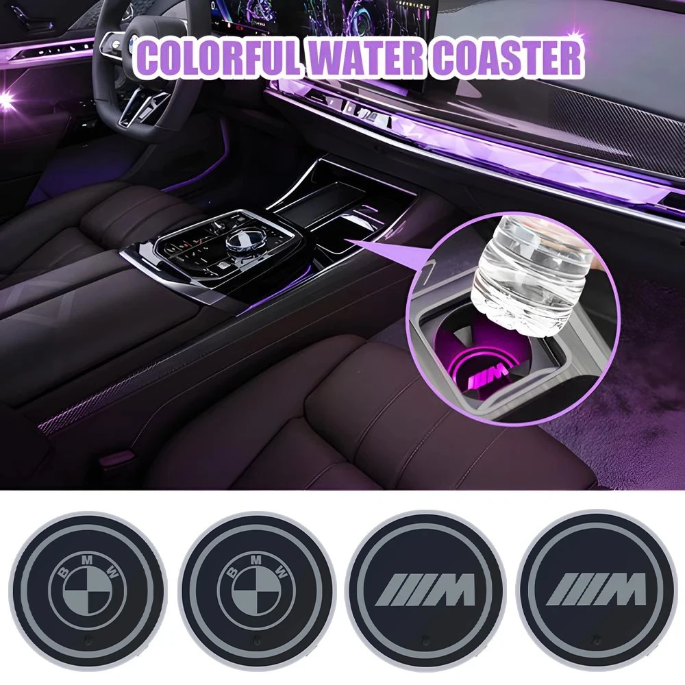 2Pcs 7 Colors Car Cup Mat Pad for BMW M Logo LED Water Coaster Drinks Holder Decoration Luminous Auto Atmosphere Light Styling