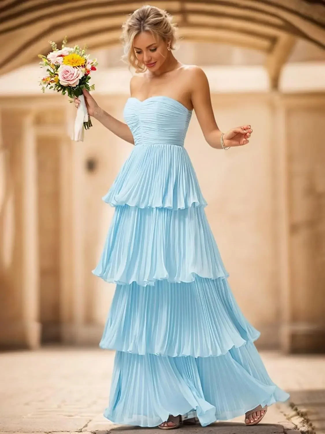 

Custom Made Strapless Ruffle Prom Dresses 2025 Sweetheart Chiffon Tiered Formal Dress Evening Gowns Party Dresses Luxury Dress
