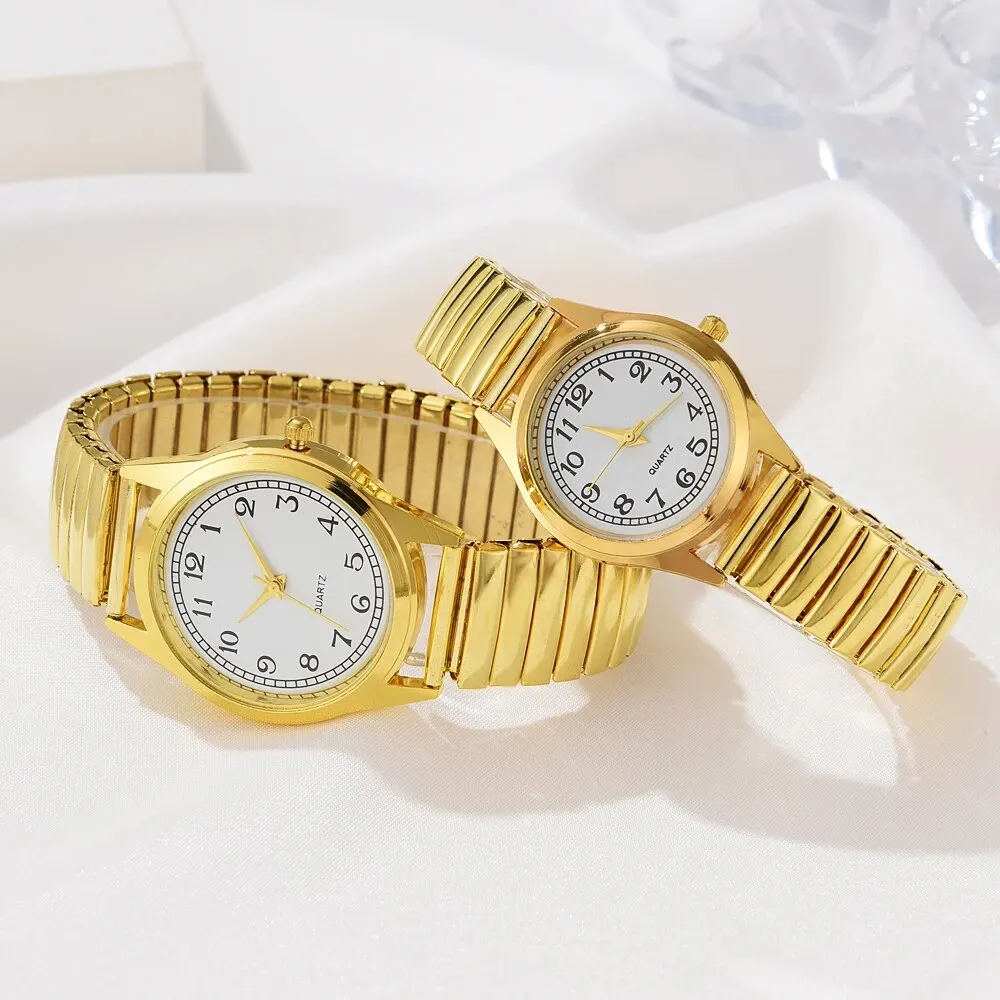 2 PCS Of Gold Retro Round Pointer Quartz Watch Classic Simulation Elastic Band Watch Suitable For Both Male And Female Couples