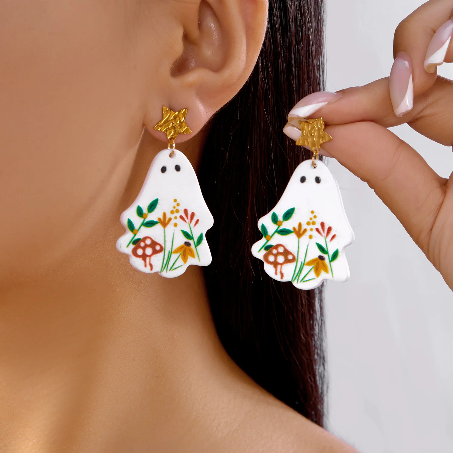 Punk Halloween Geist Ohrringe für Frauen Acryl Cartoon Blume Tropfen Baumeln Ohrring Nette Weiße Geist Urlaub Schmuck Geschenke – Detail 3