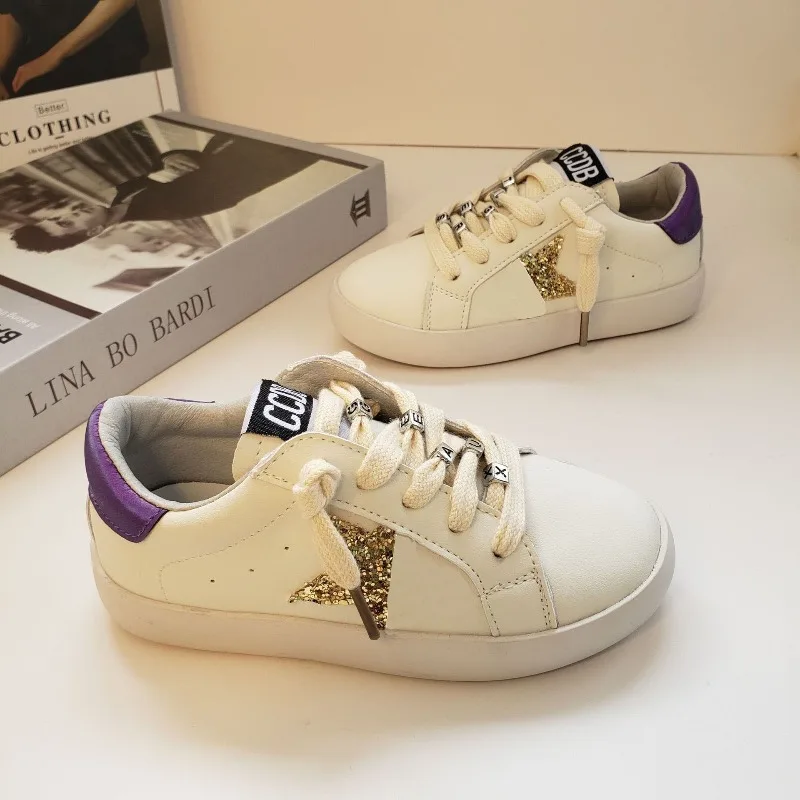 

Four Seasons Children Little White Casual Shoe Kids Low-Top Lace-Up Skate Shoes Boy Girl Sequin Leather Panel Shoes Casual Shoe
