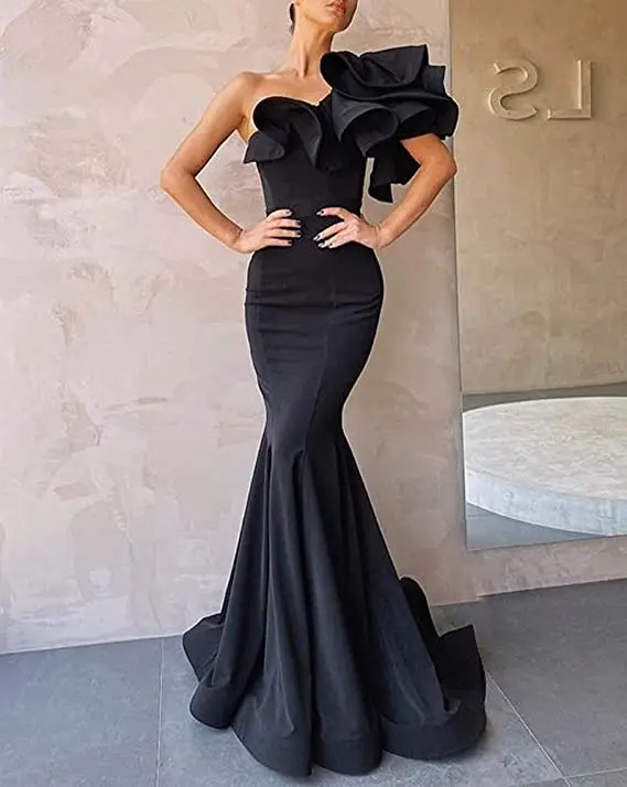 Normicel Schwarz frauen Mermaid Eine Schulter Rüschen Lange Prom Kleid Abendkleid Sexy Satin Formalen Kleid