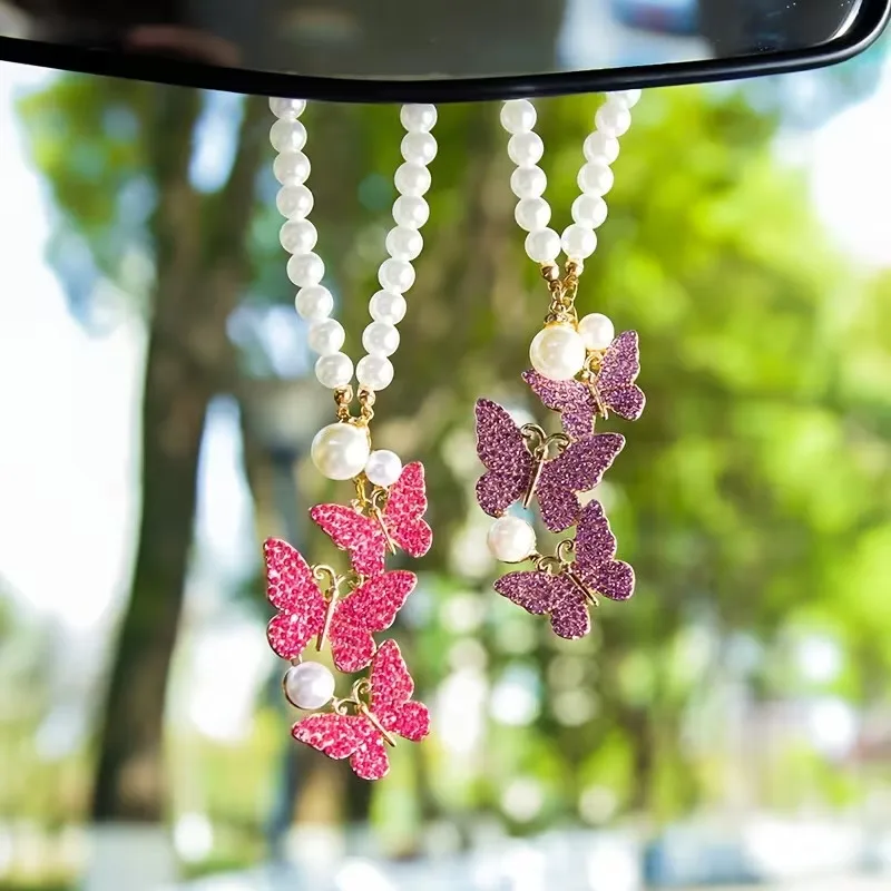 High-End Simulated Pearl Butterfly Car Pendant Alloy Rhinestone Chain Interior Decoration Jewelry Accessory