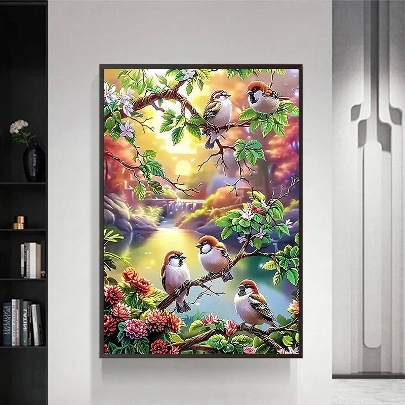 

Sparrows and Flowers 5D алмазная живопись полная алмазная художественная вышивка отель офис комната домашний декор DIY алмазные наборы для вышивки крестом